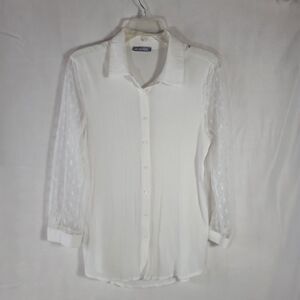 Milan Kiss White Textured Button Down Blouse Sheer Swiss Dot Puff Long Sleeves L
